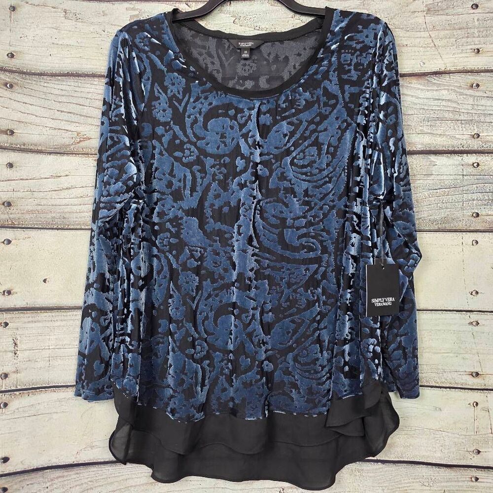 Simply Vera Vera Wang Blue and Black Velvet Burnout Layered Blouse